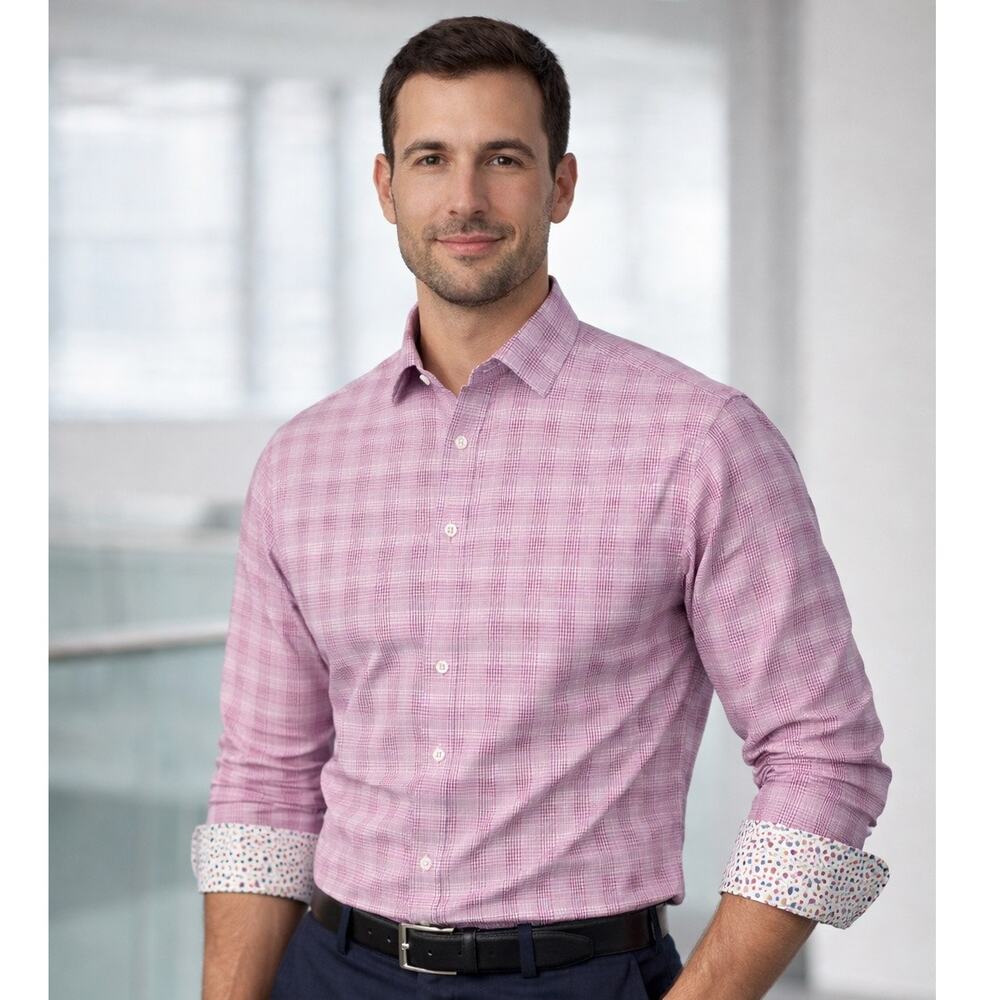 Bugatchi Abstract Cuff Plaid Button Down Dress Sh… - image 1